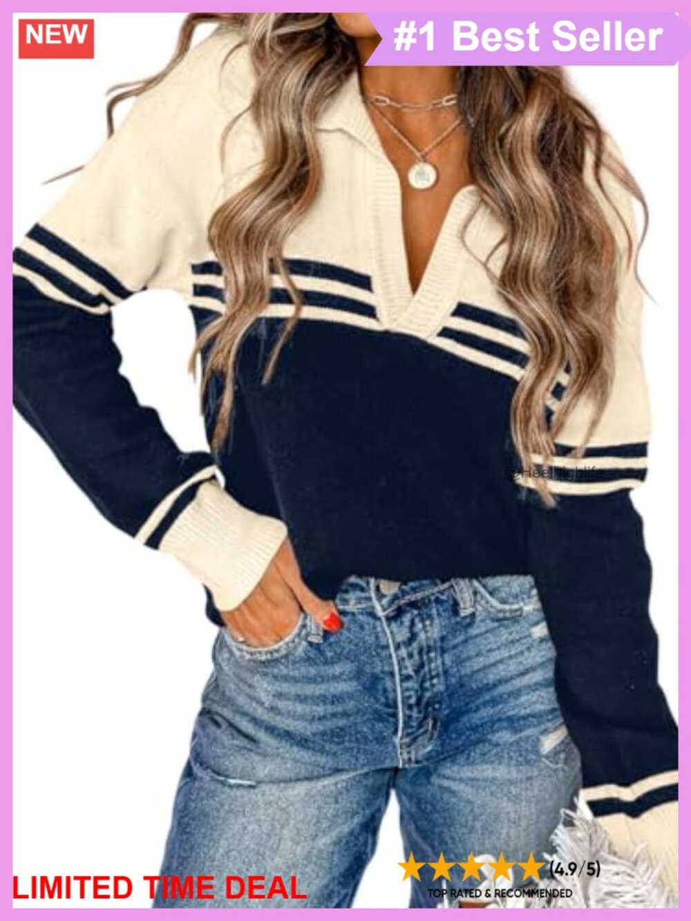 Womens V Neck Long Sleeve Striped Knit Pullover Sweater Casual Jumper Top